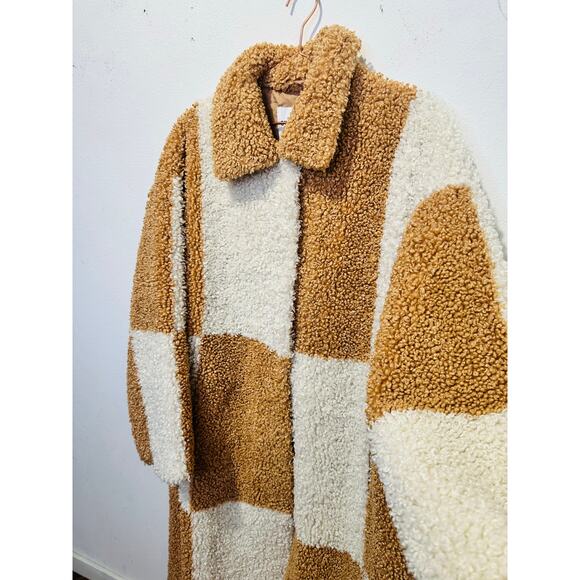 STAND STUDIO Brown White Checkered Pattern Faux Fur Oversized Nikki Coat Size 44 - Picture 15 of 16